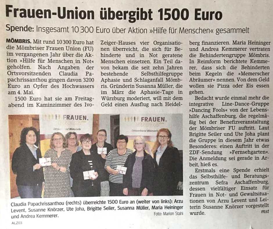 Frauenunion Mömbris unterstützt SEFRA mit einer Spende von 500 €